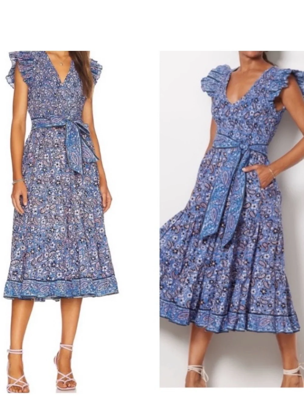 Cleobella Autumn Midi Dress blue paisley print smocked bodice flutter sleeves XS